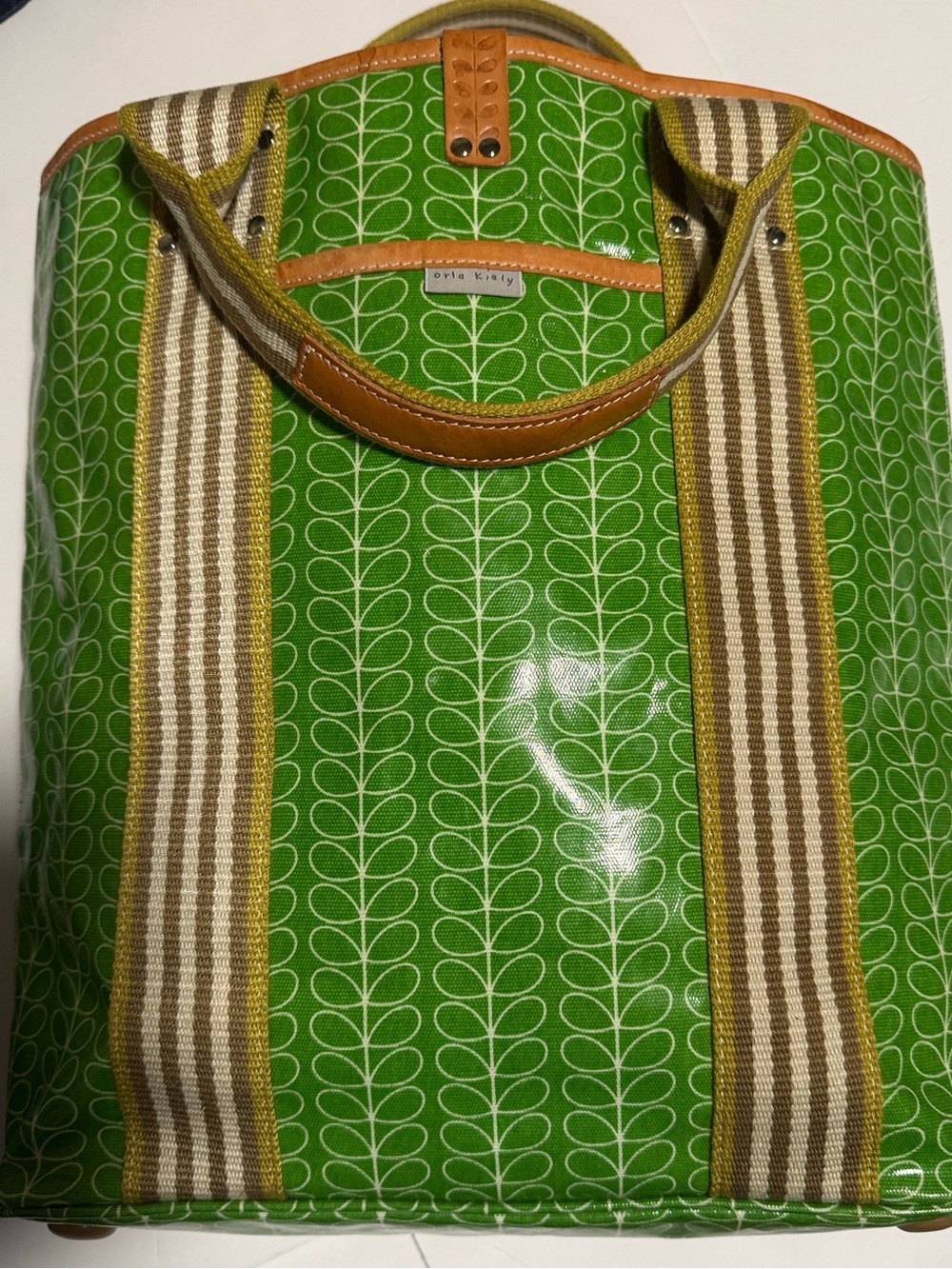 Orla Kiely Green Stem Print Coated Canvas Tote Bag Leather Trim Large Shopper